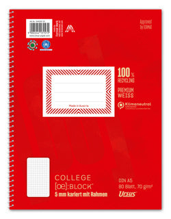 URSUS GREEN Collegeblock A5 kariert 5mm mit Rahmen 80 Blatt