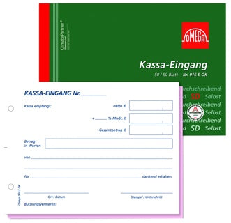 OMEGA Kassa Eingangsbuch 916EOK A6 quer 2x50 Blatt weiß/rosa