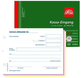 OMEGA Kassa Eingangsbuch 2916 E OK A6 quer 3x50 Blatt weiß/rosa/gelb