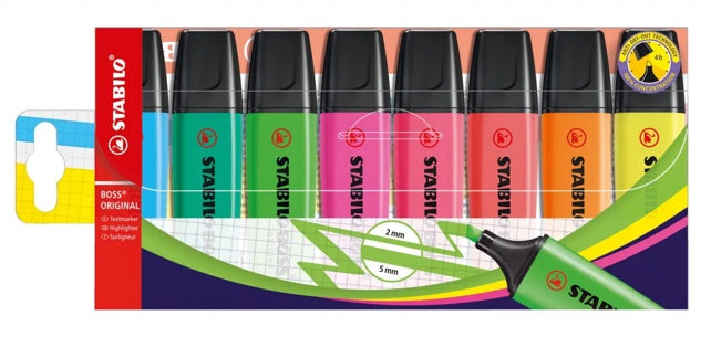 STABILO Textmarker Boss 70 mit Keilspitze 8 Stück im Etui 2-5 mm farbig sortiert