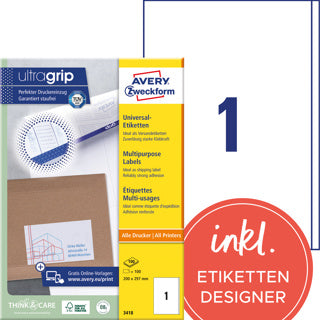 AVERY ZWECKFORM Universaletiketten ultragrip 3418 100 Stück permanent 200 x 297 mm weiß