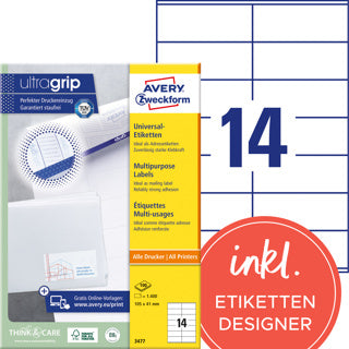 AVERY ZWECKFORM Universaletiketten ultragrip 3477 1.400 Stück permanent 105 x 41 mm weiß