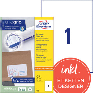 AVERY ZWECKFORM Universaletiketten ultragrip 3478 100 Stück permanent 210 x 297 mm weiß