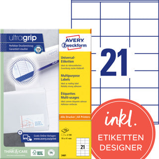 AVERY ZWECKFORM Universaletiketten ultragrip 3481 2.100 Stück permanent 70 x 41 mm weiß