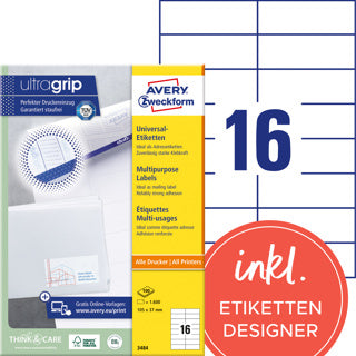AVERY ZWECKFORM Universaletiketten ultragrip 3484 1.600 Stück permanent 105 x 37 mm weiß