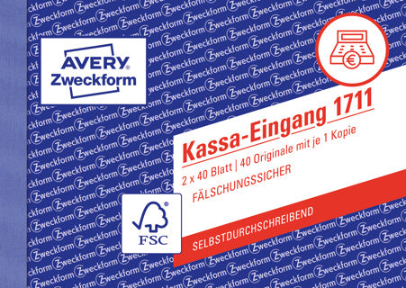 AVERY ZWECKFORM Kassa-Eingang 1711 2x 40 Blatt A6 quer selbstdurchschreibend