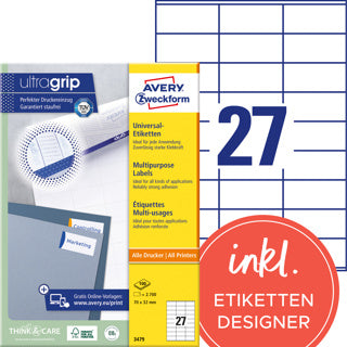 AVERY ZWECKFORM Universaletiketten ultragrip 3479 2.700 Stück permanent 70 x 32 mm weiß