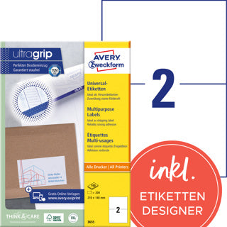 AVERY ZWECKFORM Universaletiketten ultragrip 3655 200 Stück permanent 210 x 148 mm weiß