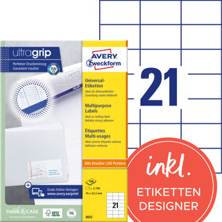 AVERY ZWECKFORM Universaletiketten ultragrip 3652 2.100 Stück permanent 70 x 42.3 mm weiß