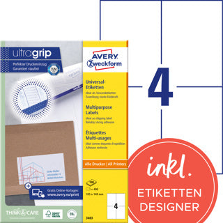 AVERY ZWECKFORM Universaletiketten ultragrip 3483 400 Stück permanent 105 x 148 mm weiß