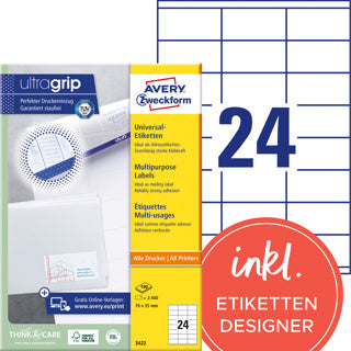 AVERY ZWECKFORM Universaletiketten ultragrip 3422 2.400 Stück permanent 70 x 35 mm weiß