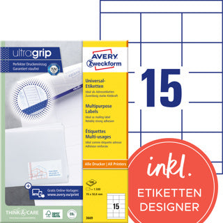 AVERY ZWECKFORM Universaletiketten ultragrip 3669 1.500 Stück permanent 70 x 50.8 mm weiß