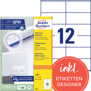 AVERY ZWECKFORM Universaletiketten ultragrip 3424 1.200 Stück permanent 105 x 48 mm weiß