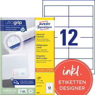 AVERY ZWECKFORM Universaletiketten ultragrip 3659 1.200 Stück permanent 97 x 42.3 mm weiß