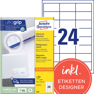 AVERY ZWECKFORM Universaletiketten ultragrip 3658 2.400 Stück permanent 64.6 x 33.8 mm weiß
