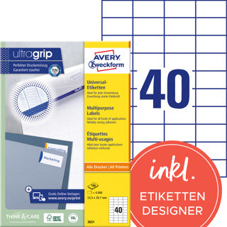 AVERY ZWECKFORM Universaletiketten ultragrip 3651 4.000 Stück permanent 52.5 x 29.7 mm weiß
