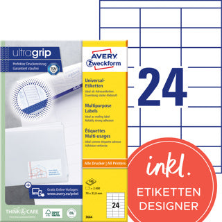 AVERY ZWECKFORM Universaletiketten ultragrip 3664 2.400 Stück permanent 70 x 33.8 mm weiß