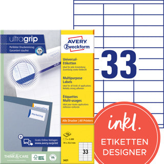 AVERY ZWECKFORM Universaletiketten ultragrip 3421 3.300 Stück permanent 70 x 25.4 mm weiß