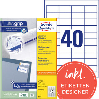 AVERY ZWECKFORM Universaletiketten ultragrip 3657 4.000 Stück permanent 48.5 x 25.4 mm weiß