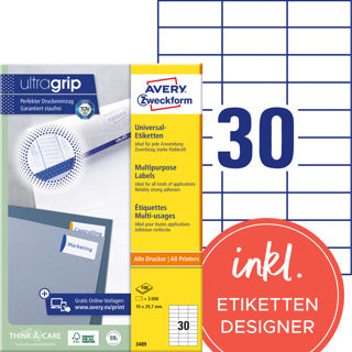 AVERY ZWECKFORM Universaletiketten ultragrip 3489 3.000 Stück permanent 70 x 29.7 mm weiß