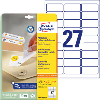 AVERY ZWECKFORM Universaletiketten L4737REV-25 810 Stück ablösbar 63.5 x 29.6 mm weiß