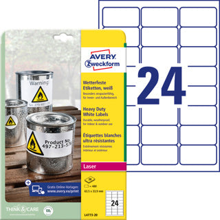 AVERY ZWECKFORM Wetterfeste Etiketten L4773-20 480 Stück permanent 63.5 x 33.9 mm weiß