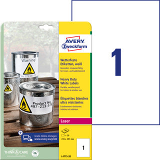 AVERY ZWECKFORM Wetterfeste Etiketten L4775-20 20 Stück permanent 210 x 297 mm weiß