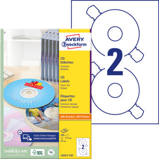 AVERY ZWECKFORM CD-Etiketten L6043-100 200 Stück permanent Ø 117 mm weiß