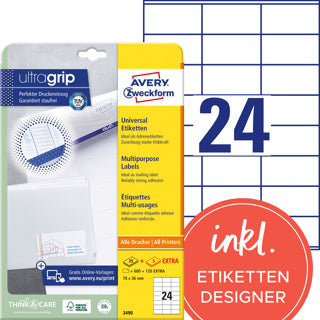 AVERY ZWECKFORM Universaletiketten ultragrip 3490 720 Stück permanent 70 x 37 mm weiß