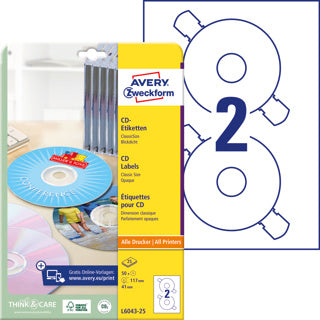 AVERY ZWECKFORM CD-Etiketten L6043-25 50 Stück permanent Ø 117 mm weiß