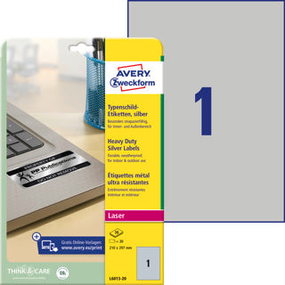 AVERY ZWECKFORM Typenschildetiketten L6013-20 20 Stück permanent 210 x 297 mm silber