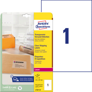 AVERY ZWECKFORM Versandetiketten L7567-25 25 Stück permanent 210 x 297 mm transparent