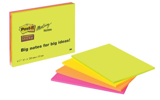 POST-IT® Haftnotizen 6845-SSP Super Sticky Meeting Notes 4 Blöcke à 45 Blatt 152 x 203 mm sortiert