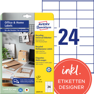 AVERY ZWECKFORM Recyclingetiketten LR3475 2.400 Stück permanent 70 x 36 mm naturweiß