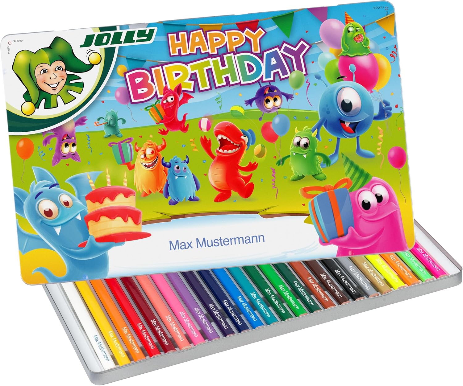 JOLLY Buntstifte bedruckt - Supersticks DELTA Happy Birthday 24er im Metalletui, mit eigenem Namen personalisiert