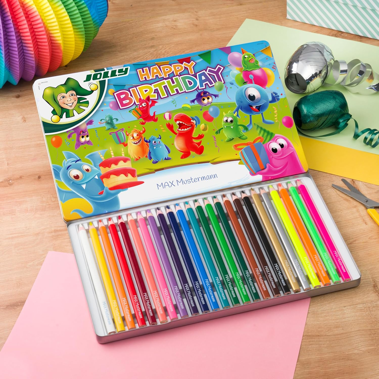 JOLLY Buntstifte bedruckt - Supersticks DELTA Happy Birthday 24er im Metalletui, mit eigenem Namen personalisiert