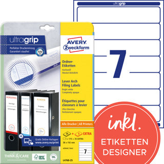 AVERY ZWECKFORM Ordneretiketten ultragrip L4760-25 210 Stück schmal/kurz permanent 38 x 192 mm weiß