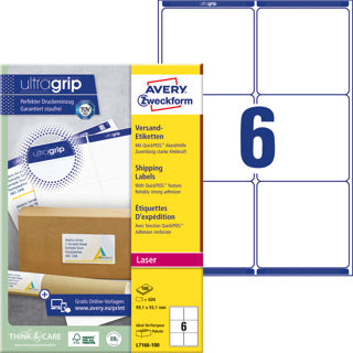 AVERY ZWECKFORM Versandetiketten ultragrip L7166-100 600 Stück permanent 99.1 x 93.1 mm weiß