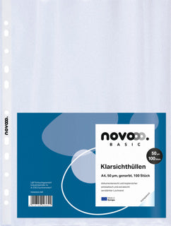 NOVOOO BASIC Klarsichthülle 100 Stück DIN A4 50 µm genarbt transparent