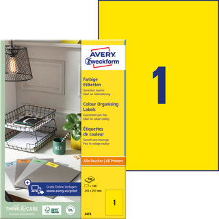 AVERY ZWECKFORM Organisationsetiketten 3473 100 Stück permanent 210 x 297 mm gelb