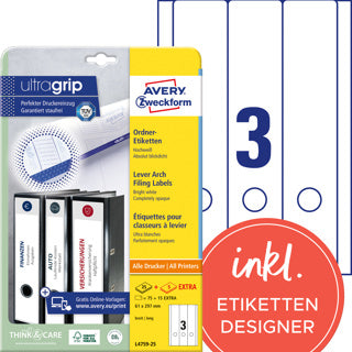 AVERY ZWECKFORM Ordneretiketten ultragrip L4759-25 90 Stück breit/lang permanent 61 x 297 mm weiß