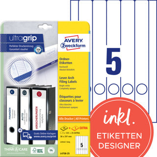 AVERY ZWECKFORM Ordneretiketten ultragrip L4758-25 150 Stück schmal/lang permanent 38 x 297 mm weiß