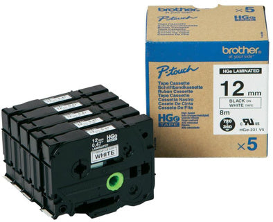 BROTHER Schriftband P-Touch HGE-231 5 Stück 12 mm x 8 m schwarz auf weiß