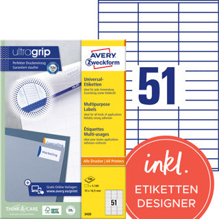 AVERY ZWECKFORM Universaletiketten ultragrip 3420 5.100 Stück permanent 70 x 16.9 mm weiß