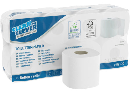 CLEAN & CLEVER Toilettenpapier PRO100 64 Rollen 2-lagig weiß