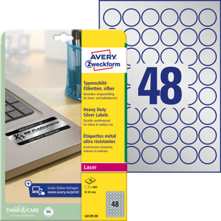 AVERY ZWECKFORM Typenschildetiketten L6129-20 960 Stück permanent Ø 30 mm silber
