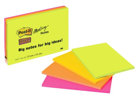 POST-IT® Haftnotizen 6445-SSP Super Sticky Meeting Notes 4 Blöcke à 45 Blatt 152 x 101 mm sortiert