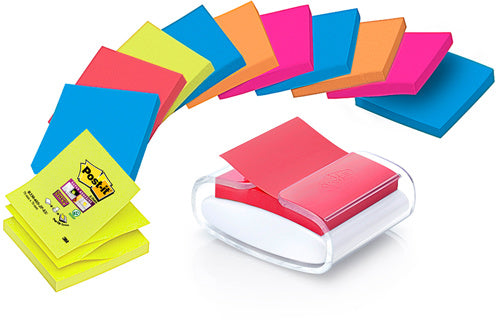 POST-IT® Spender Super Sticky Z-Notes PRO-W12N inkl. 12 Blöcke à 90 BL 76 x 76 mm sortiert