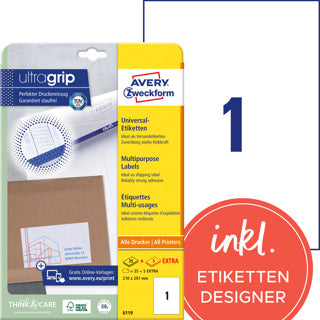 AVERY ZWECKFORM Universaletiketten ultragrip 6119 30 Stück permanent 210 x 297 mm weiß