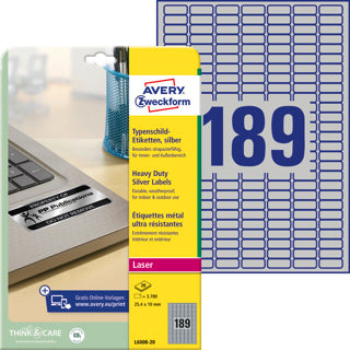 AVERY ZWECKFORM Typenschildetiketten L6008-20 3.780 Stück permanent 25.4 x 10 mm silber